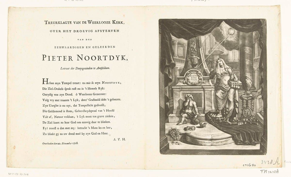 Prent en vers op het overlijden van de doopsgezinde voorganger Pieter Noortdyk, 1708